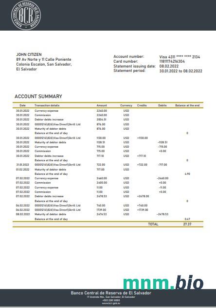 Salvador Banco Central de Reserva de El Salvador wzór wyciągu bankowego w formacie Word i PDF